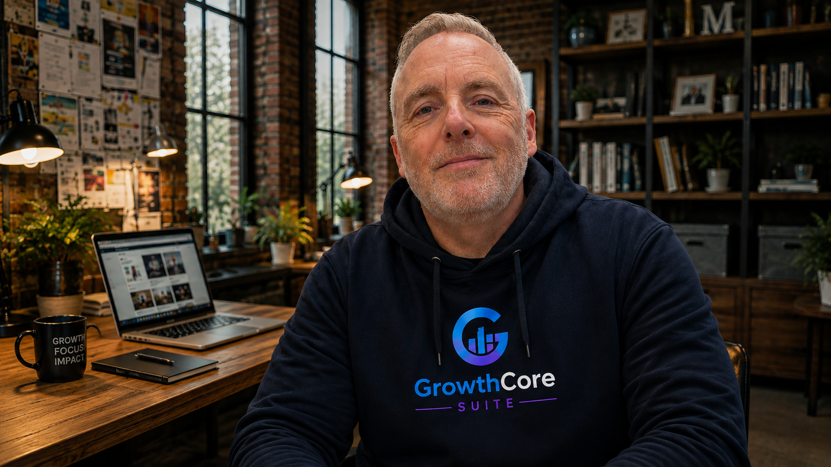 Marcus, founder of GrowthCore Suite, in the GrowthCore studio office